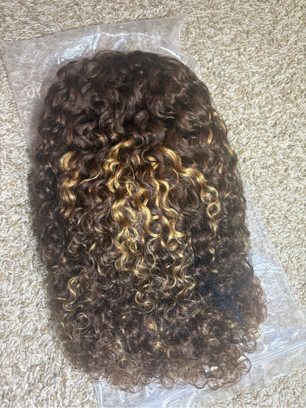 Curly Brown Wig with Golden Blonde Highlights - Women's Hairpiece